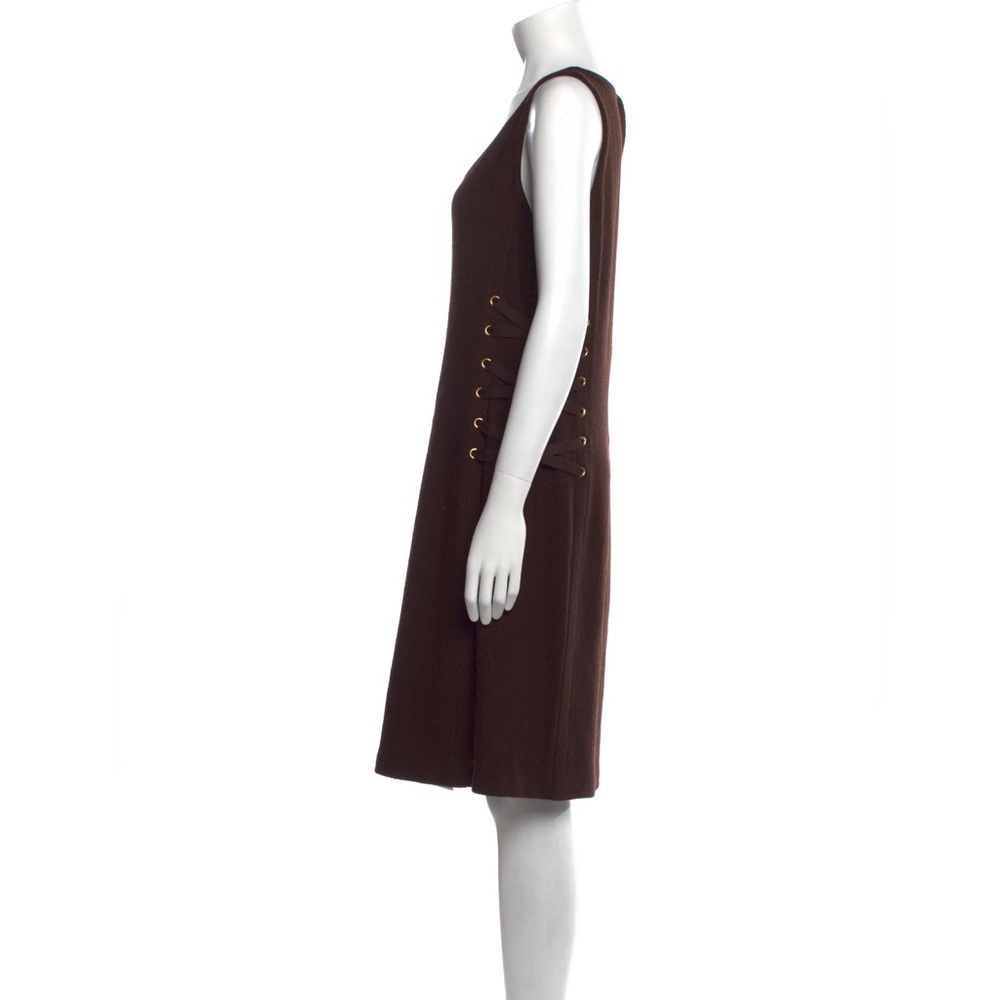 ST. JOHN Knit Brown Shift Dress Size 6 Lace Up Sides Gold Knee Length VTG Scoop